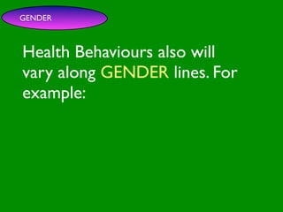 GENDER



Health Behaviours also will

                         INFLUENCE
                           SOCIAL
vary along GENDER lines. For


                                                      AL AL
              PE NT
                CO




                                                 GO ON
                RS RO




                                                          S


                                                        D
                  ON L




                                                    RS



                                                     VE
example:
       VA




                                                  EI
                                                 PE
                    AL




                                             M C
          LUE




                                            O ER
                S




                                          PT P
                                              S
 GE
   ND                                                    S TO
                                                        S
     ER                                              CE

                                        M
                                                 AC RE
AG                                   SY           H CA
                                                            NIT
                                                                IVE
   E                                           LT         G
                                          H EA       CO
                                                       S
                                                  T OR
                                             FAC
 