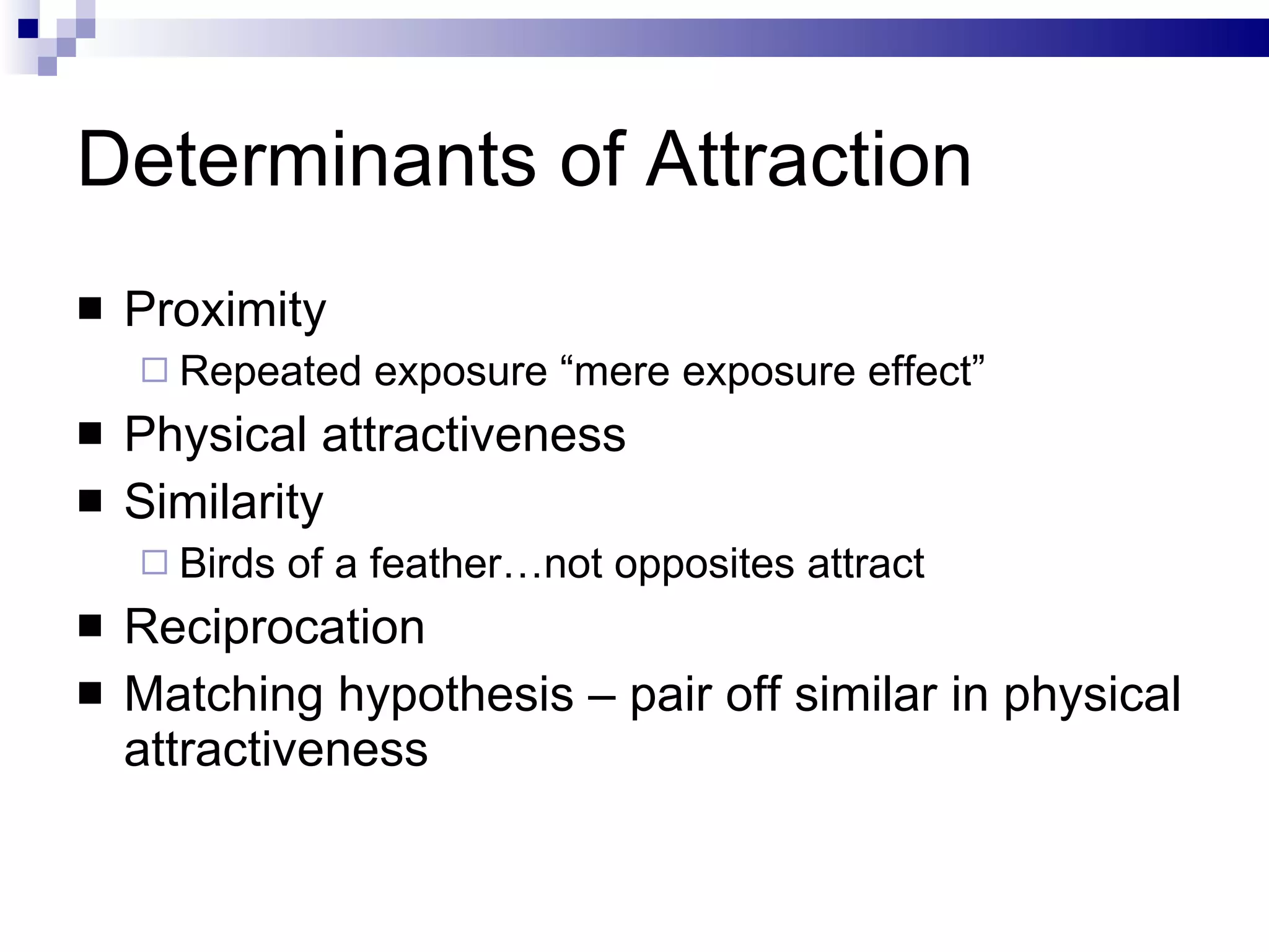 Determinants of Attraction Proximity Repeated exposure “mere exposure effect” Physical attractiveness Similarity Birds of a feather…not opposites attract Reciprocation Matching hypothesis – pair off similar in physical attractiveness 