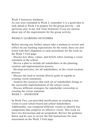 Week 3 Instructor Guidance
As you were reminded in Week 2, remember it is a good idea to
look ahead to Week 4 to prepare for the group activity – ask
questions now in our Ask Your Instructor if you are unclear
about any of the requirements for the group activity.
WEEKLY LEARNING OUTCOMES
Before moving any further, please take a moment to review and
reflect on our learning expectations for the week; these are also
listed with their alignment to each assessment for the week on
the Week 3 Unit page:
· Discuss key ideas, values, and beliefs when creating a vision
statement at the school.
· Devise a plan to include all stakeholders in the planning,
creation and implementation process.
· Develop activities, for all stakeholders, in the vision creation
process.
· Discuss the need to include district goals in regards to
creating vision statements.
· Analyze the resources that each set of stakeholders brings to
the successful implementation of the school vision.
· Discuss different strategies for stakeholder ownership in
creating the vision statement
WEEK 3 – OVERVIEW
In Week Two, you provided justification on creating a new
vision to your school board and school stakeholders.
Additionally, you compared different visions to identify key
components that comprise an effective vision. This week we
have two discussions and an assignment. Review the guidance
below and be sure to review the full instructions for each
assessment on the Week 3 Unit page.
 