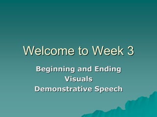 Welcome to Week 3
Beginning and Ending
Visuals
Demonstrative Speech
 