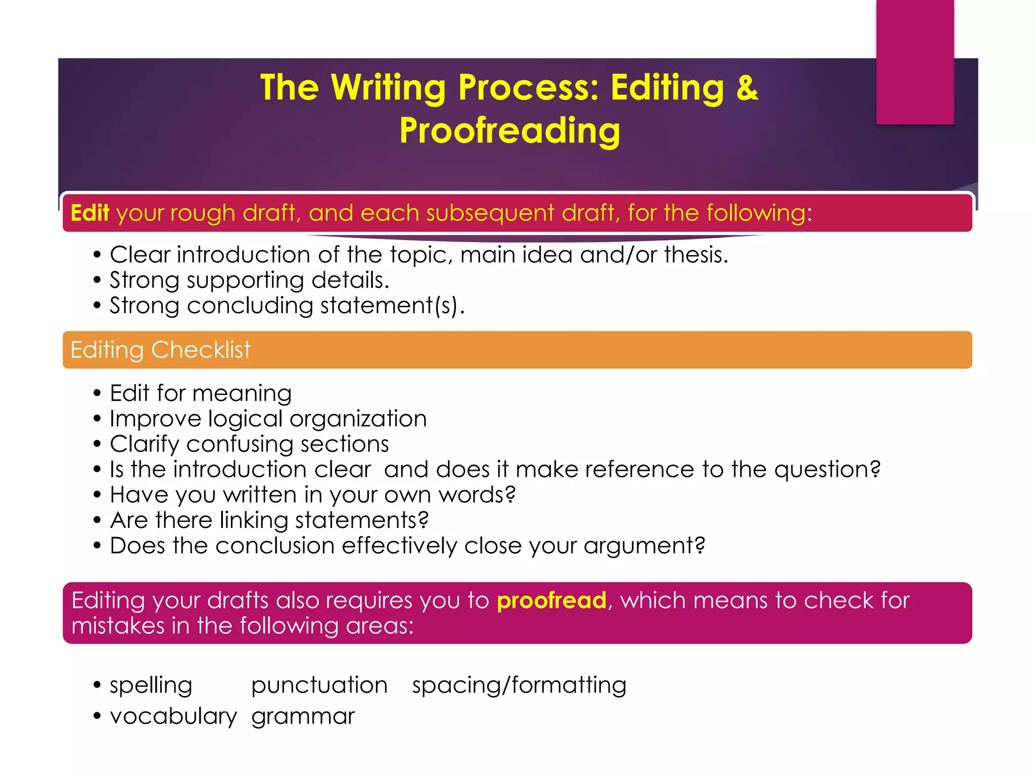 The Writing Process: Editing &
Proofreading
Edit your rough draft, and each subsequent draft, for the following:
• Clear introduction of the topic, main idea and/or thesis.
• Strong supporting details.
• Strong concluding statement(s).
Editing Checklist
• Edit for meaning
• Improve logical organization
• Clarify confusing sections
• Is the introduction clear and does it make reference to the question?
• Have you written in your own words?
• Are there linking statements?
• Does the conclusion effectively close your argument?
Editing your drafts also requires you to proofread, which means to check for
mistakes in the following areas:
• spelling punctuation spacing/formatting
• vocabulary grammar
 