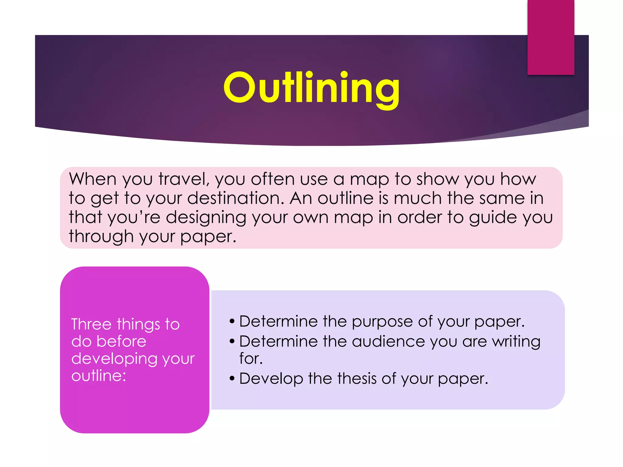 Outlining
When you travel, you often use a map to show you how
to get to your destination. An outline is much the same in
that you’re designing your own map in order to guide you
through your paper.
•Determine the purpose of your paper.
•Determine the audience you are writing
for.
•Develop the thesis of your paper.
Three things to
do before
developing your
outline:
 