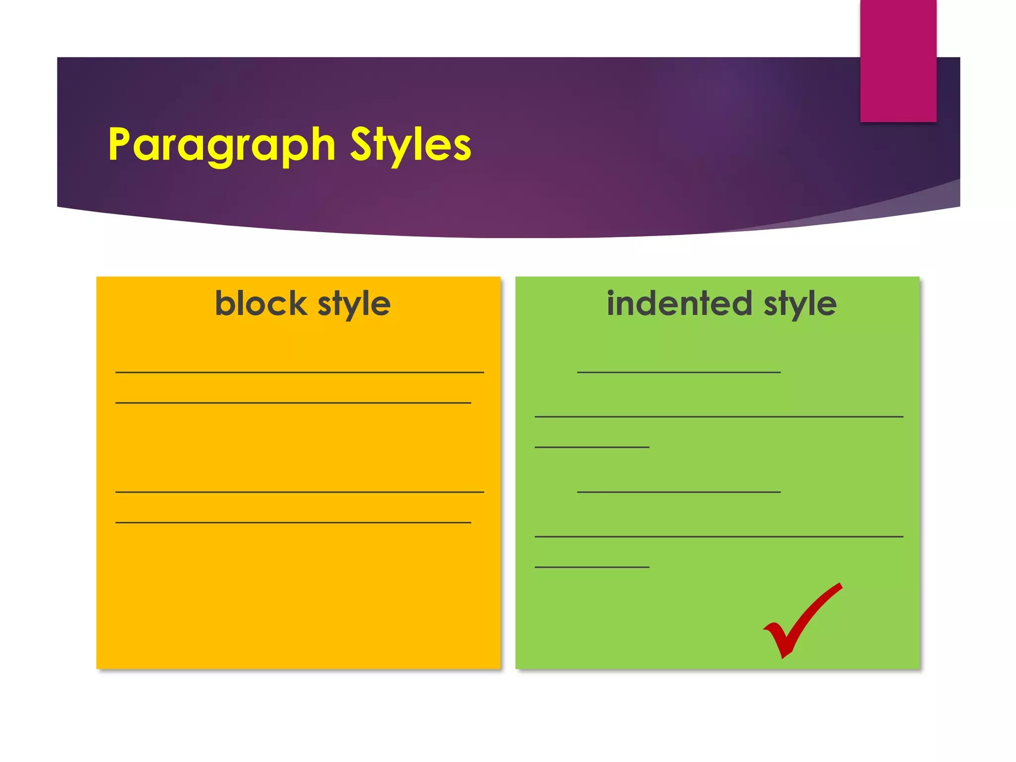 Paragraph Styles
block style
_____________________________
____________________________
_____________________________
____________________________
indented style
________________
_____________________________
_________
________________
_____________________________
_________

 