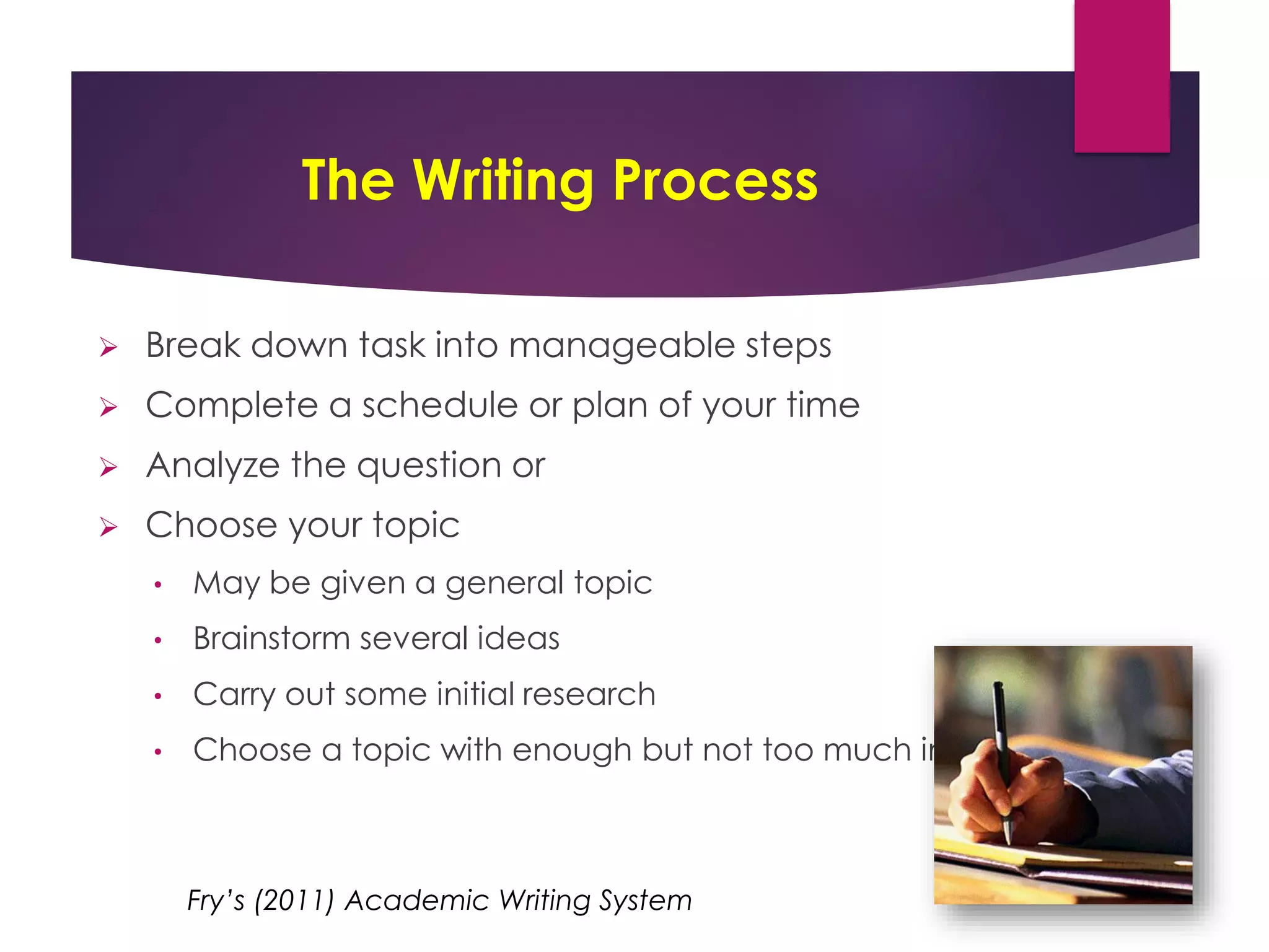 The Writing Process
 Break down task into manageable steps
 Complete a schedule or plan of your time
 Analyze the question or
 Choose your topic
• May be given a general topic
• Brainstorm several ideas
• Carry out some initial research
• Choose a topic with enough but not too much information
Fry’s (2011) Academic Writing System
 