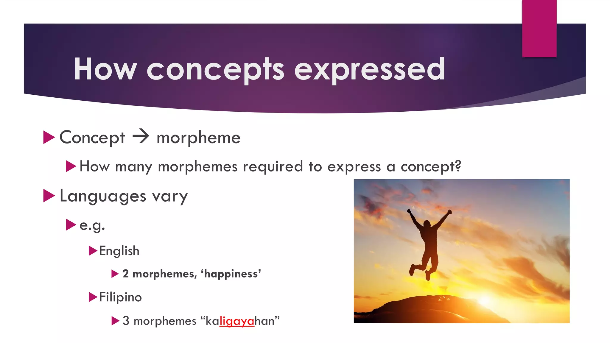 How concepts expressed
 Concept  morpheme
How many morphemes required to express a concept?
 Languages vary
e.g.
English
 2 morphemes, ‘happiness’
Filipino
3 morphemes “kaligayahan”
 