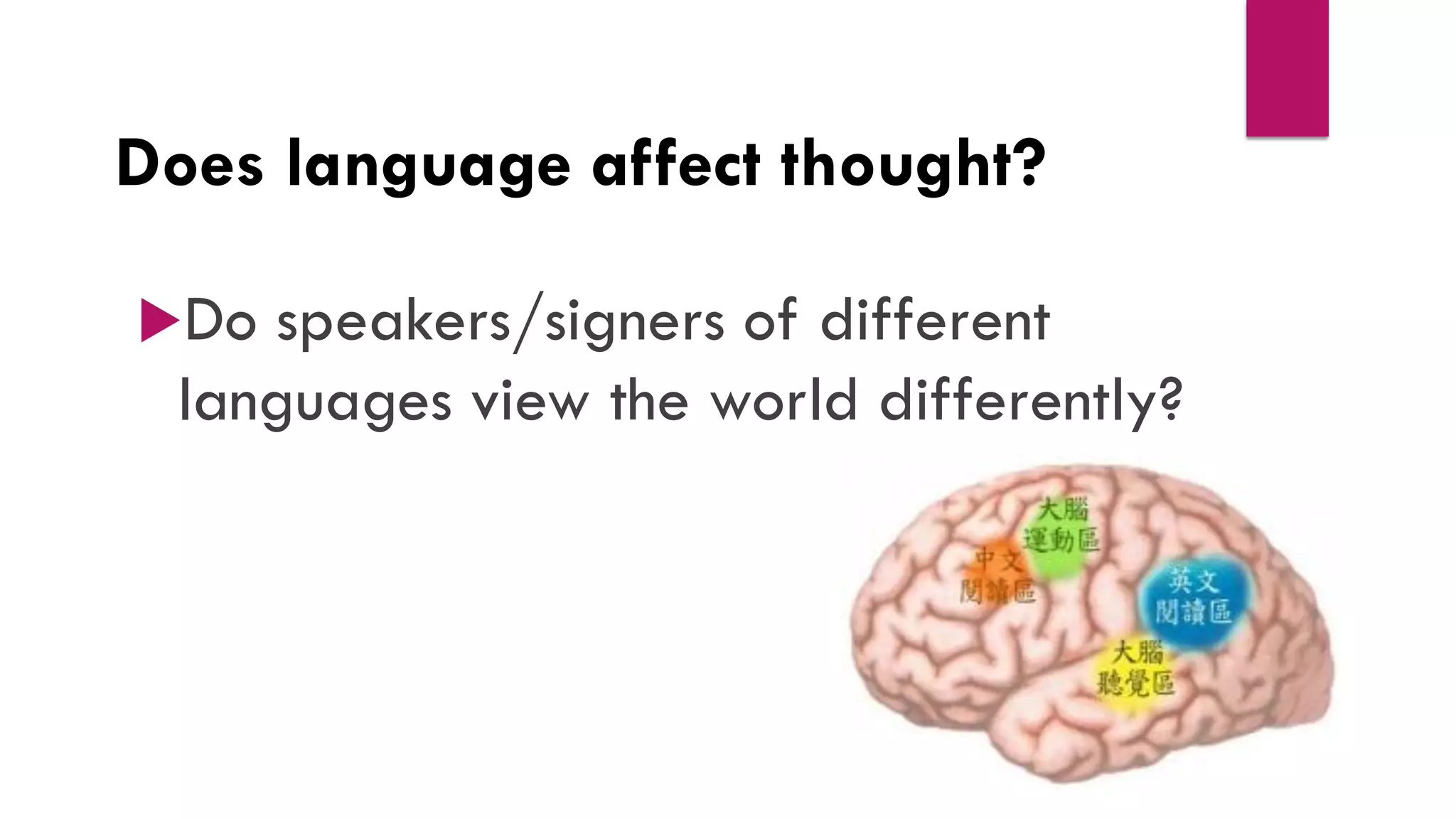 Does language affect thought?
Do speakers/signers of different
languages view the world differently?
 