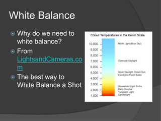 White Balance
 Why do we need to
white balance?
 From
LightsandCameras.co
m
 The best way to
White Balance a Shot
 