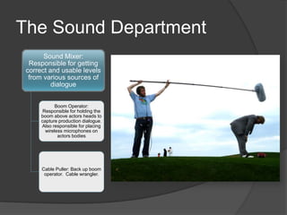 The Sound Department
Sound Mixer:
Responsible for getting
correct and usable levels
from various sources of
dialogue
Boom Operator:
Responsible for holding the
boom above actors heads to
capture production dialogue.
Also responsible for placing
wireless microphones on
actors bodies
Cable Puller: Back up boom
operator. Cable wrangler.
 