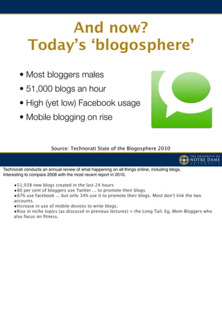 And now?
            Today’s ‘blogosphere’
        • Most bloggers males
        • 51,000 blogs an hour
        • High (yet low) Facebook usage
        • Mobile blogging on rise
 
 


                         Source: Technorati State of the Blogosphere 2010



Technorati conducts an annual review of what happening on all things online, including blogs.
Interesting to compare 2008 with the most recent report in 2010.

     •51,938 new blogs created in the last 24 hours
     •80 per cent of bloggers use Twitter ... to promote their blogs
     •87% use facebook ... but only 34% use it to promote their blogs. Most don’t link the two
     accounts.
     •Increase in use of mobile devices to write blogs.
     •Rise in niche topics (as discussd in previous lectures) = the Long Tail. Eg, Mom Bloggers who
     also focus on ﬁtness.
 