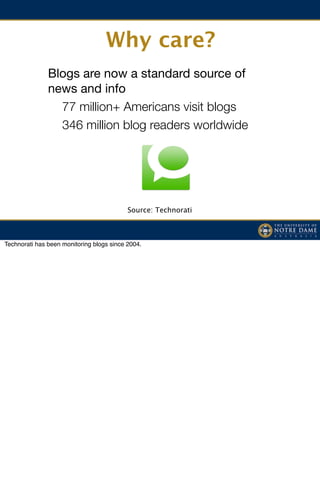 Why care?
               Blogs are now a standard source of
               news and info
               	 77 million+ Americans visit blogs
               	 346 million blog readers worldwide
               	 	 	




                                           Source: Technorati



Technorati has been monitoring blogs since 2004.
 