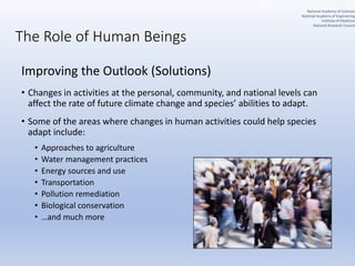The Role of Human Beings
Improving the Outlook (Solutions)
• Changes in activities at the personal, community, and national levels can
affect the rate of future climate change and species’ abilities to adapt.
• Some of the areas where changes in human activities could help species
adapt include:
• Approaches to agriculture
• Water management practices
• Energy sources and use
• Transportation
• Pollution remediation
• Biological conservation
• …and much more
National Academy of Sciences
National Academy of Engineering
Institute of Medicine
National Research Council
 