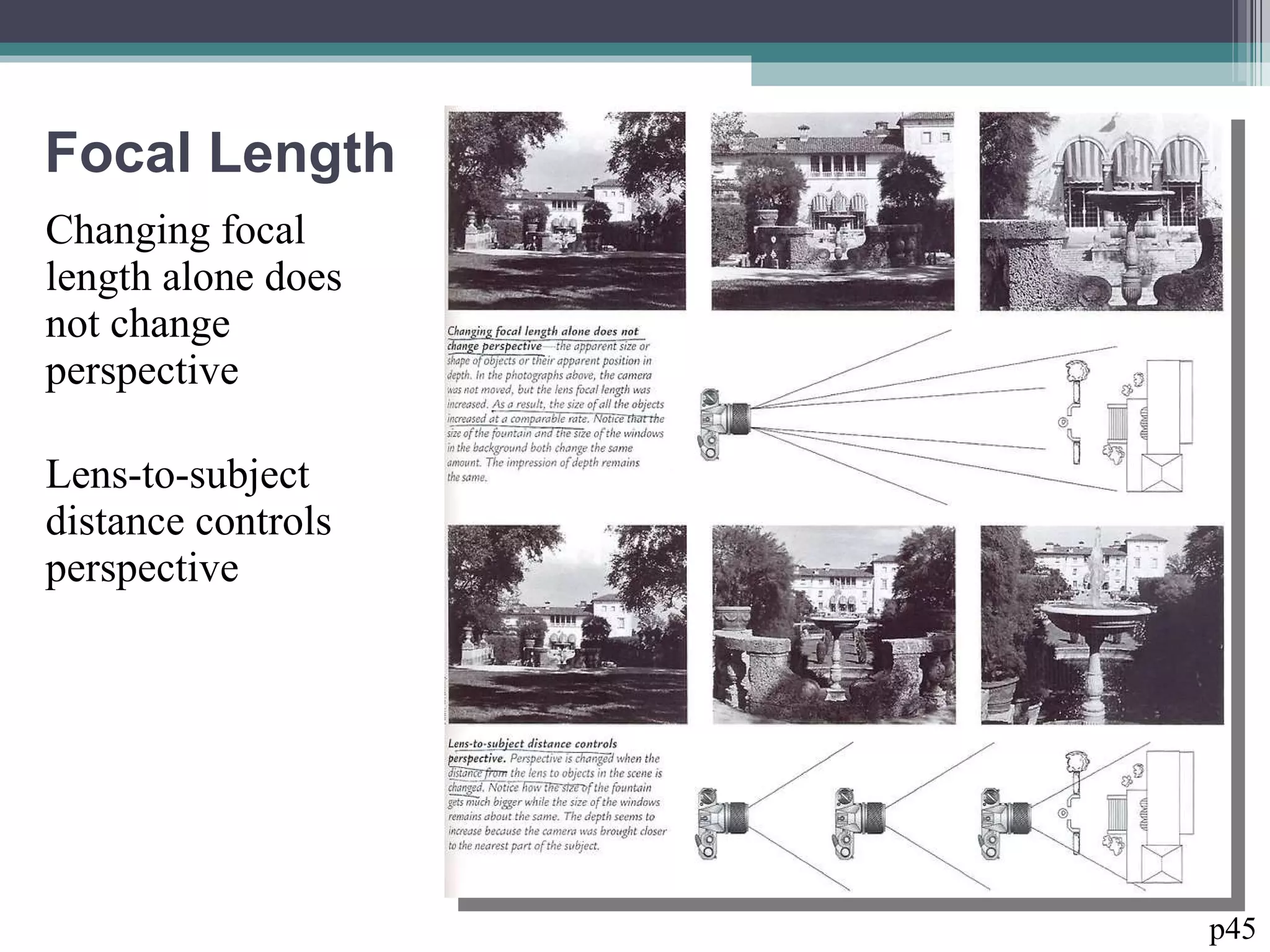Focal Length Changing focal length alone does not change perspective Lens-to-subject distance controls perspective p45