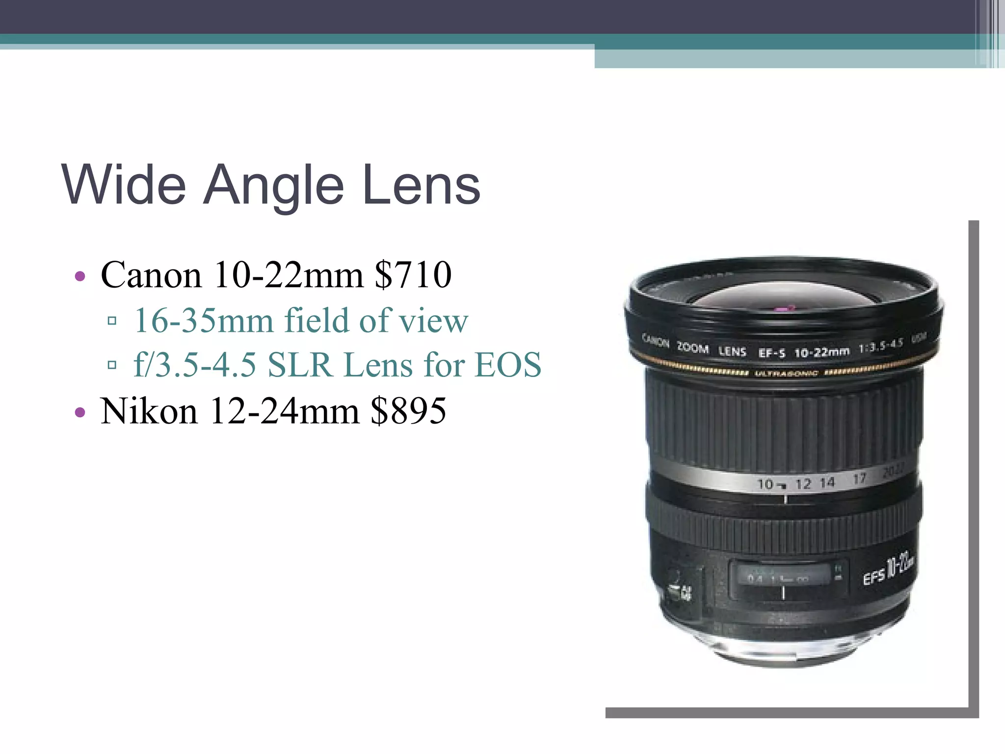 Wide Angle Lens Canon 10-22mm $710 16-35mm field of view f/3.5-4.5 SLR Lens for EOS Nikon 12-24mm $895