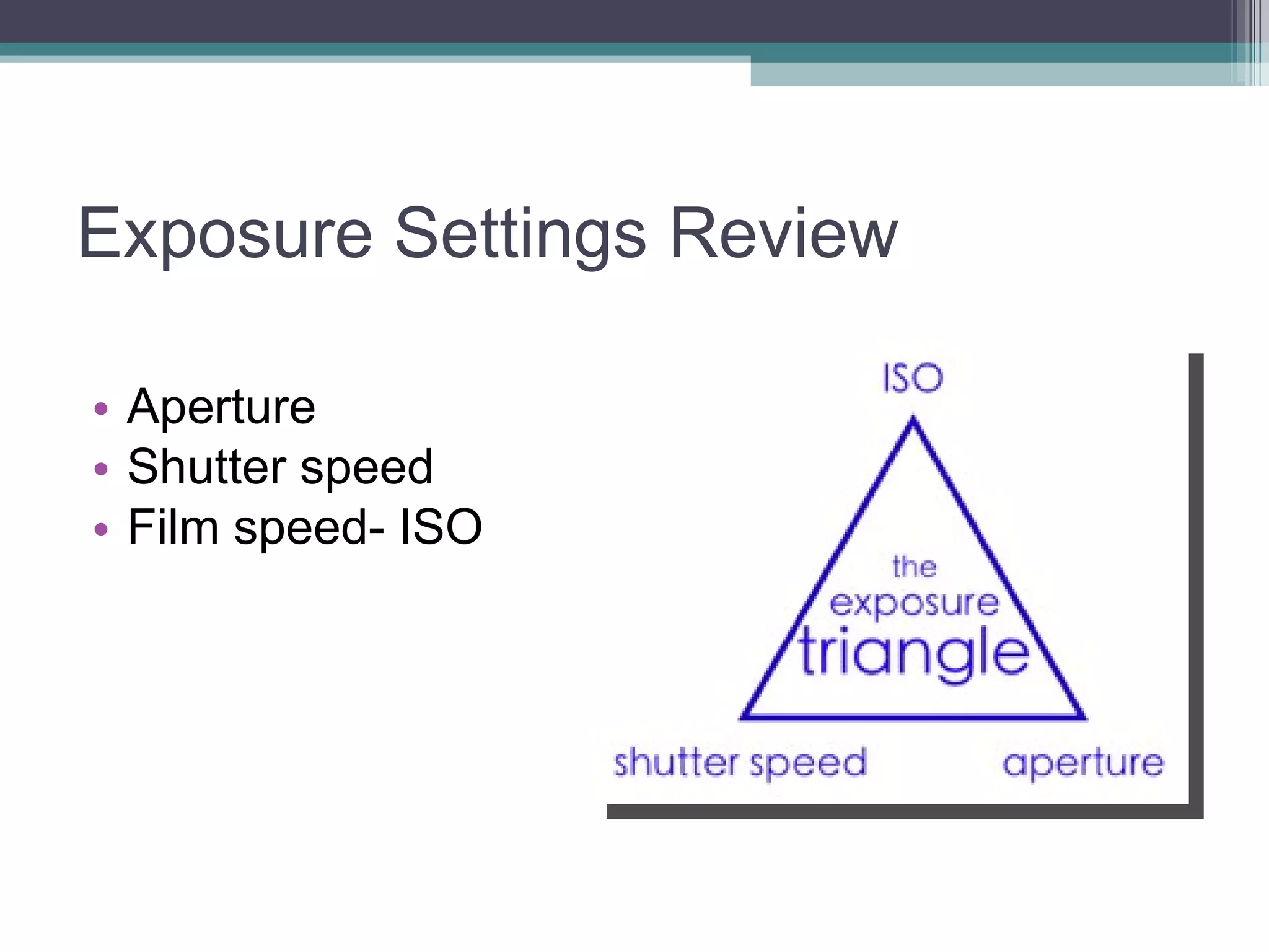 Exposure Settings Review Aperture Shutter speed Film speed- ISO
