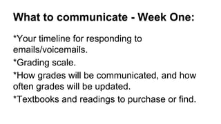 What to communicate - Week One:
*Your timeline for responding to
emails/voicemails.
*Grading scale.
*How grades will be communicated, and how
often grades will be updated.
*Textbooks and readings to purchase or find.
 