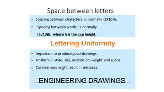 Lettering Uniformity
Important to produce good drawings.•
•
•
Uniform in style, size, inclination, weight and space.
Carelessness might result in mistakes.
ENGINEERING DRAWINGS
Space between letters
• Spacing between characters, is normally (2/10)h.
• Spacing between words, is normally
(6/10)h. where h is the cap height.
 