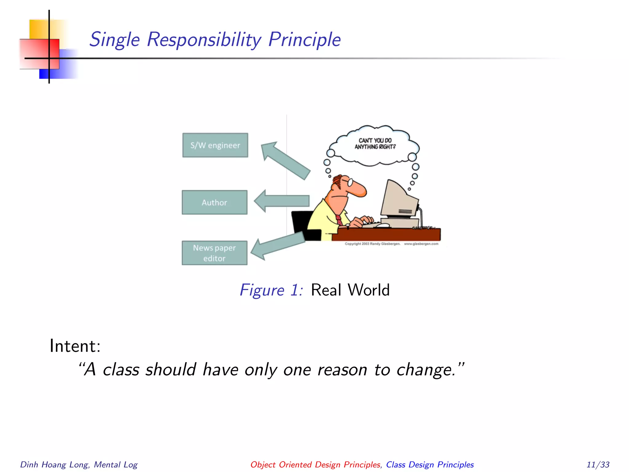 Single Responsibility Principle
Figure 1: Real World
Intent:
“A class should have only one reason to change.”
Dinh Hoang Long, Mental Log Object Oriented Design Principles, Class Design Principles 11/33
 