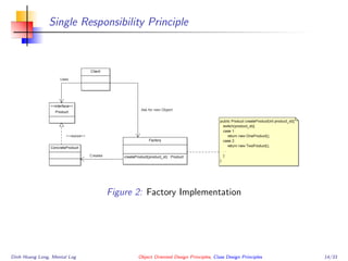 Single Responsibility Principle
Figure 2: Factory Implementation
Dinh Hoang Long, Mental Log Object Oriented Design Principles, Class Design Principles 14/33
 