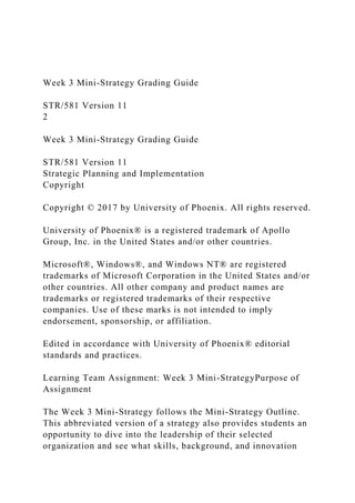 Week 3 Mini-Strategy Grading Guide
STR/581 Version 11
2
Week 3 Mini-Strategy Grading Guide
STR/581 Version 11
Strategic Planning and Implementation
Copyright
Copyright © 2017 by University of Phoenix. All rights reserved.
University of Phoenix® is a registered trademark of Apollo
Group, Inc. in the United States and/or other countries.
Microsoft®, Windows®, and Windows NT® are registered
trademarks of Microsoft Corporation in the United States and/or
other countries. All other company and product names are
trademarks or registered trademarks of their respective
companies. Use of these marks is not intended to imply
endorsement, sponsorship, or affiliation.
Edited in accordance with University of Phoenix® editorial
standards and practices.
Learning Team Assignment: Week 3 Mini-StrategyPurpose of
Assignment
The Week 3 Mini-Strategy follows the Mini-Strategy Outline.
This abbreviated version of a strategy also provides students an
opportunity to dive into the leadership of their selected
organization and see what skills, background, and innovation
 