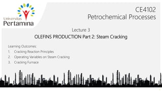 CE4102
Petrochemical Processes
Learning Outcomes:
1. Cracking Reaction Principles
2. Operating Variables on Steam Cracking
3. Cracking Furnace
2
Lecture 3
OLEFINS PRODUCTION Part 2: Steam Cracking
 