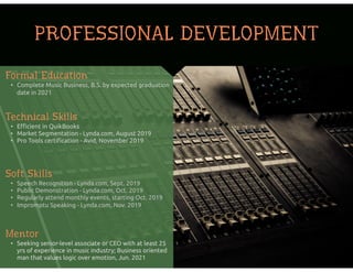 PROFESSIONAL DEVELOPMENT
Mentor
• Seeking senior-level associate or CEO with at least 25
yrs of experience in music industry; Business oriented
man that values logic over emotion, Jun. 2021
Formal Education
• Complete Music Business, B.S. by expected graduation
date in 2021
Technical Skills
• Eﬃcient in QuikBooks
• Market Segmentation - Lynda.com, August 2019
• Pro Tools certiﬁcation - Avid, November 2019
Soft Skills
• Speech Recognition - Lynda.com, Sept. 2019
• Public Demonstration - Lynda.com, Oct. 2019
• Regularly attend monthly events, starting Oct. 2019
• Impromptu Speaking - Lynda.com, Nov. 2019
 