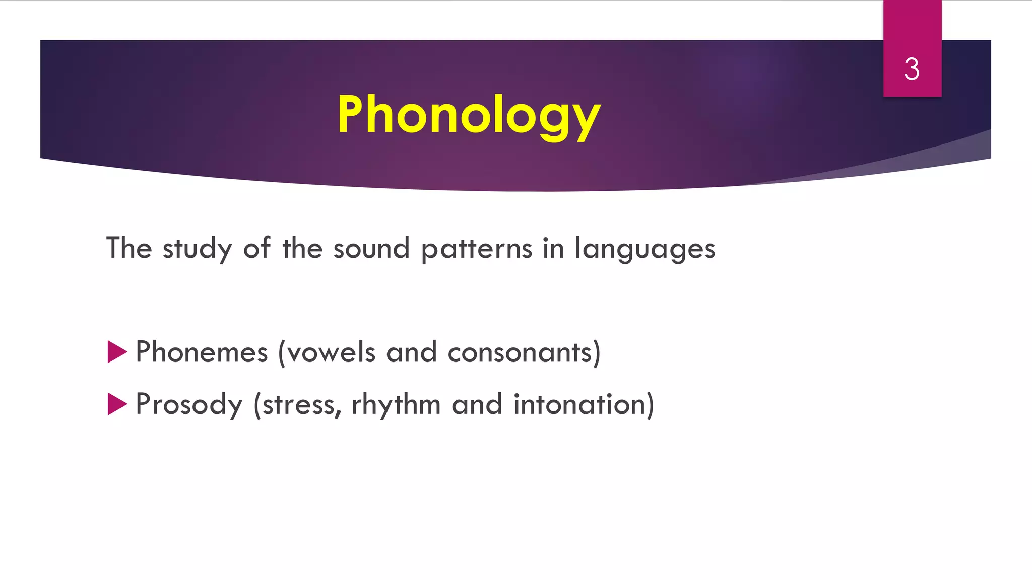 Phonology
The study of the sound patterns in languages
 Phonemes (vowels and consonants)
 Prosody (stress, rhythm and intonation)
3
 
