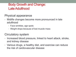 Body Growth and Change:
Late Adulthood
Physical appearance
• Midlife changes become more pronounced in late
adulthood
• Face wrinkles, age spots
• Weight drops because of lost muscle mass
Circulatory system
• Increased blood pressure, linked to heart attack, stroke,
and kidney disease
• Various drugs, a healthy diet, and exercise can reduce
the risk of cardiovascular disease
 