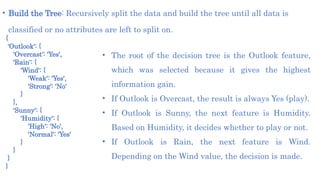 • Build the Tree: Recursively split the data and build the tree until all data is
classified or no attributes are left to split on.
{
'Outlook': {
'Overcast': 'Yes',
'Rain': {
'Wind': {
'Weak': 'Yes',
'Strong': 'No'
}
},
'Sunny': {
'Humidity': {
'High': 'No',
'Normal': 'Yes'
}
}
}
}
• The root of the decision tree is the Outlook feature,
which was selected because it gives the highest
information gain.
• If Outlook is Overcast, the result is always Yes (play).
• If Outlook is Sunny, the next feature is Humidity.
Based on Humidity, it decides whether to play or not.
• If Outlook is Rain, the next feature is Wind.
Depending on the Wind value, the decision is made.
 