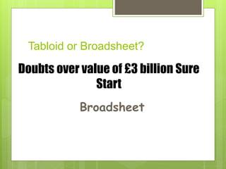 Tabloid or Broadsheet?
Doubts over value of £3 billion Sure
Start
Broadsheet
 
