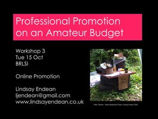 Professional Promotion
on an Amateur Budget
Workshop 3
Tue 15 Oct
BRLSI

Online Promotion

Lindsay Endean
ljendean@gmail.com
www.lindsayendean.co.uk   Kilter Theatre – Roots Replanted. Photo: Lindsay Endean 2010
 