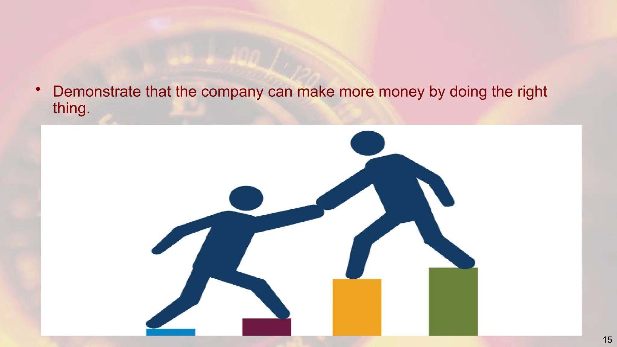 • Demonstrate that the company can make more money by doing the right
thing.
15
 