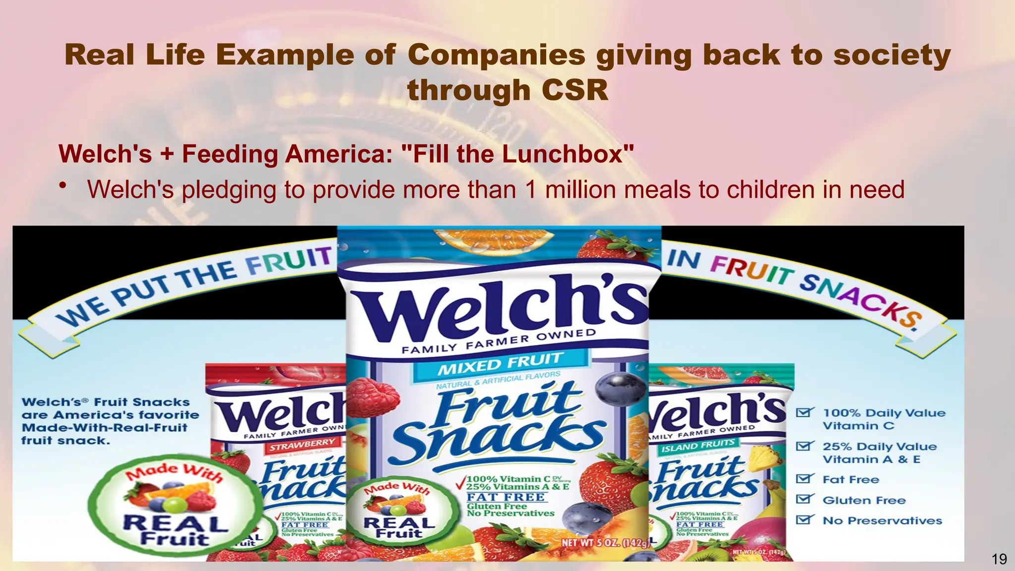 Real Life Example of Companies giving back to society
through CSR
Welch's + Feeding America: "Fill the Lunchbox"
• Welch's pledging to provide more than 1 million meals to children in need
19
 