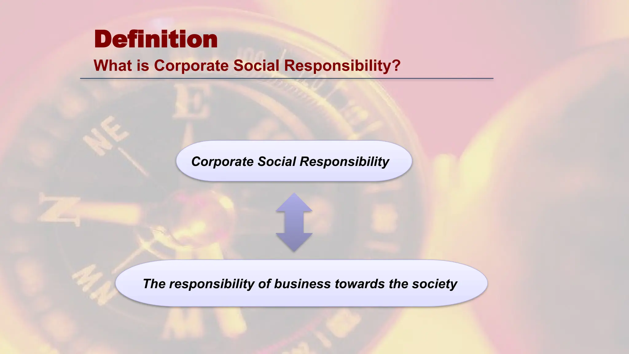 Definition
What is Corporate Social Responsibility?
The responsibility of business towards the society
Corporate Social Responsibility
 