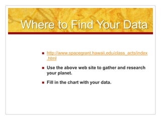 Where to Find Your Data

      http://www.spacegrant.hawaii.edu/class_acts/index
       .html

      Use the above web site to gather and research
       your planet.

      Fill in the chart with your data.
 