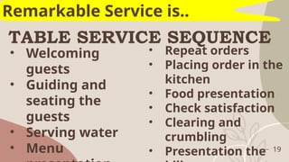 TABLE SERVICE SEQUENCE
19
Remarkable Service is..
• Welcoming
guests
• Guiding and
seating the
guests
• Serving water
• Menu
• Repeat orders
• Placing order in the
kitchen
• Food presentation
• Check satisfaction
• Clearing and
crumbling
• Presentation the
 