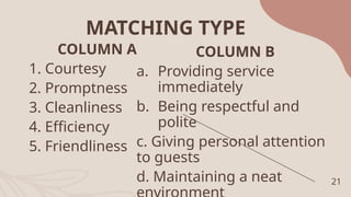 MATCHING TYPE
COLUMN A
1. Courtesy
2. Promptness
3. Cleanliness
4. Efficiency
5. Friendliness
COLUMN B
a. Providing service
immediately
b. Being respectful and
polite
c. Giving personal attention
to guests
d. Maintaining a neat 21
 