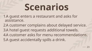 Scenarios
1.A guest enters a restaurant and asks for
assistance.
2.A customer complains about delayed service.
3.A hotel guest requests additional towels.
4.A customer asks for menu recommendations.
5.A guest accidentally spills a drink.
23
 