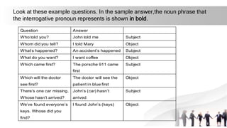 Question Answer
Who told you? John told me Subject
Whom did you tell? I told Mary Object
What’s happened? An accident’s happened Subject
What do you want? I want coffee Object
Which came first? The porsche 911 came
first
Subject
Which will the doctor
see first?
The doctor will see the
patient in blue first
Object
There’s one car missing.
Whose hasn’t arrived?
John’s (car) hasn’t
arrived
Subject
We’ve found everyone’s
keys. Whose did you
find?
I found John’s (keys) Object
Look at these example questions. In the sample answer,the noun phrase that
the interrogative pronoun represents is shown in bold.
 