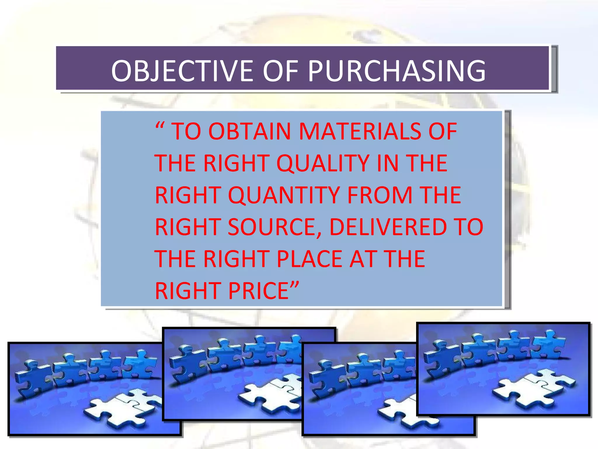OBJECTIVE OF PURCHASING  “  TO OBTAIN MATERIALS OF THE RIGHT QUALITY IN THE RIGHT QUANTITY FROM THE RIGHT SOURCE, DELIVERED TO THE RIGHT PLACE AT THE RIGHT PRICE” 