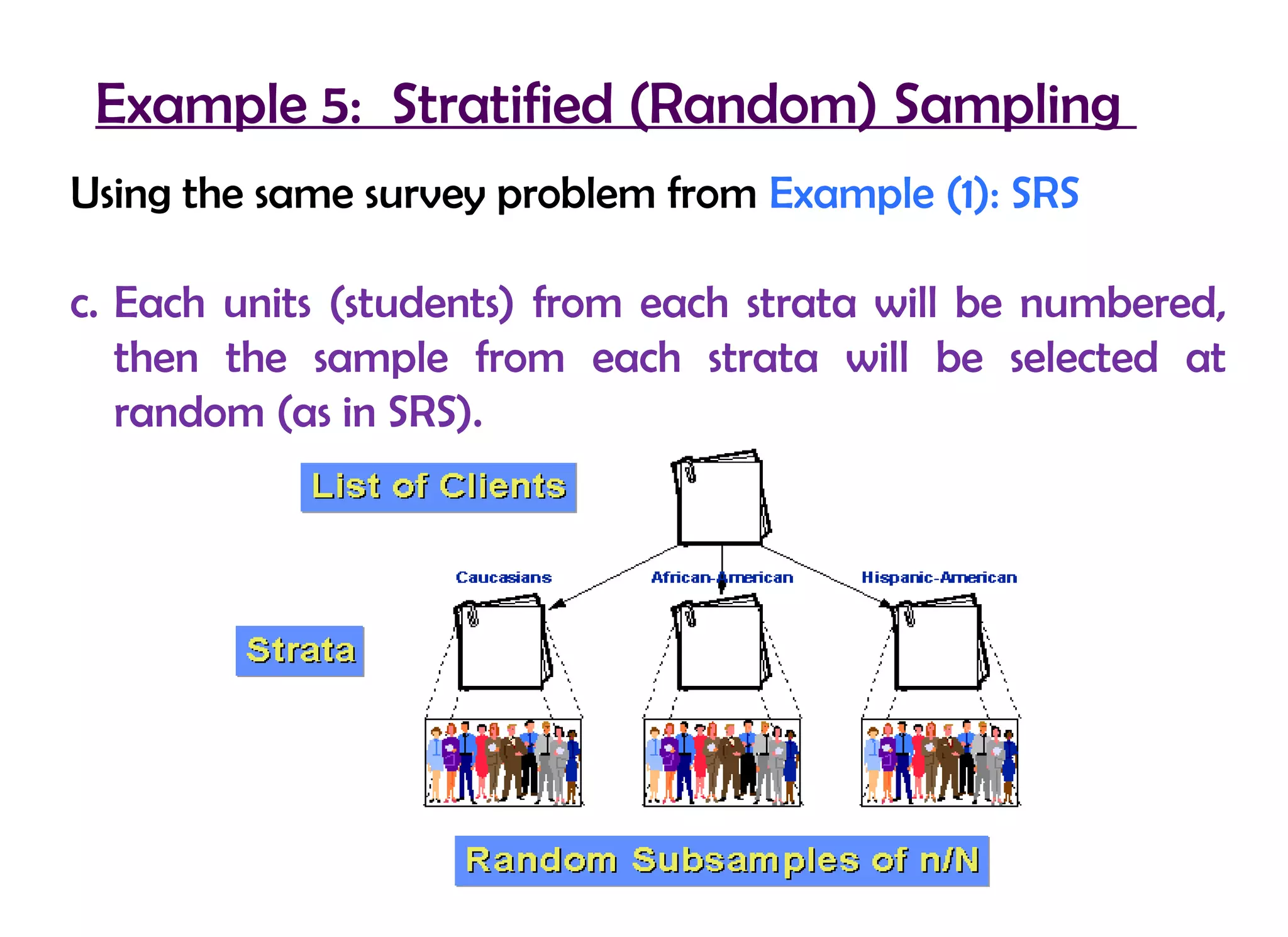 Example 5: Stratified (Random) Sampling
Using the same survey problem from Example (1): SRS

c. Each units (students) from each strata will be numbered,
   then the sample from each strata will be selected at
   random (as in SRS).
 
