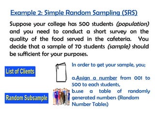 Example 2: Simple Random Sampling (SRS)
Suppose your college has 500 students (population)
and you need to conduct a short survey on the
quality of the food served in the cafeteria. You
decide that a sample of 70 students (sample) should
be sufficient for your purposes.
                      In order to get your sample, you;

                      a.Assign a number from 001 to
                      500 to each students,
                      b.use a table of randomly
                      generated numbers (Random
                      Number Tables)
 