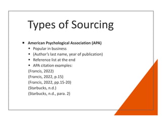 Types of Sourcing
 American Psychological Association (APA)
 Popular in business
 (Author’s last name, year of publication)
 Reference list at the end
 APA citation examples:
(Francis, 2022)
(Francis, 2022, p.15)
(Francis, 2022, pp.15-20)
(Starbucks, n.d.)
(Starbucks, n.d., para. 2)
 