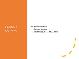 Credible
Sources
• Listed in Moodle:
• Banned Sources
• Credible sources – CRAAP test
 