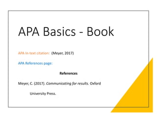 APA Basics - Book
APA In-text citation: (Meyer, 2017)
APA References page:
References
Meyer, C. (2017). Communicating for results. Oxford
University Press.
 