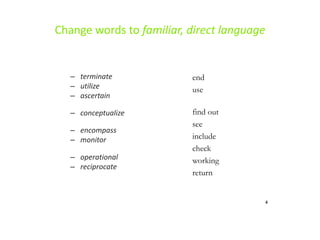 4
Change words to familiar, direct language
– terminate
– utilize
– ascertain
– conceptualize
– encompass
– monitor
– operational
– reciprocate
end
use
find out
see
include
check
working
return
 