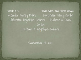 Week #: 3 Team Name: The Three Amigas
Recorder: Nancy Palate Coordinator: Stacy Gordon
Elaborator: Angelique Shivers Explorer A: Stacy
Gordon
Explorer B: Angelique Shivers
September 14, 2015
 