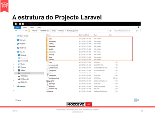 A estrutura do Projecto Laravel
4/2/16	
Presenta.on	licenced	under	non-commercial	crea.ve	
commons	3.0	
18	
 