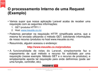 O processamento Interno de uma Request
(Exemplo)
•  Vamos supor que nossa aplicação Laravel acaba de receber uma
requisição com as seguintes informações:
1.  GET /produtos HTTP/1.1
2.  Host: www.meusite.co.mz
•  Podemos perceber na requisição HTTP, simplificada acima, que a
mesma foi enviada utilizando o método GET, solicitando informações
de nosso recurso /produtos no host www.meusite.co.mz.
•  Resumindo, alguém acessou o endereço:
http://www.meusite.co.mz/produtos
•  A funcionalidade de rotas do Laravel, simplesmente faz o
mapeamento de qual método e recurso foi solicitado por uma
requisição (nesse exemplo: Método GET e o recurso de produtos), e
simplesmente aponta tal requisição para onde definirmos (pode ser
uma função, controller, etc).
4/2/16	
Presenta.on	licenced	under	non-commercial	crea.ve	
commons	3.0	
33	
 