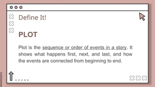 SLIDESMANIA.
Define It!
PLOT
Plot is the sequence or order of events in a story. It
shows what happens first, next, and last, and how
the events are connected from beginning to end.
 