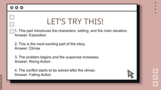 SLIDESMANIA.
LET’S TRY THIS!
1. This part introduces the characters, setting, and the main situation.
Answer: Exposition
2. This is the most exciting part of the story.
Answer: Climax
3. The problem begins and the suspense increases.
Answer: Rising Action
4. The conflict starts to be solved after the climax.
Answer: Falling Action
 